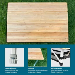 Holztisch auf grünem Gras, mit Informationen zu stabilen Füßen, Dicke und Befestigungsmöglichkeiten.
