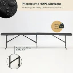 Lange, schwarze Bank aus Pflegeleichtem HDPE-Material mit pulverbeschichtetem Stahlgestell und 300 kg Belastbarkeit.