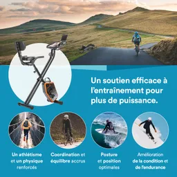 Fitnessgerät mit Rückenlehne im Vordergrund. Hintergrund zeigt Radfahrer auf einer Straße, hügelige Landschaft. Text beschreibt Trainingsvorteile.