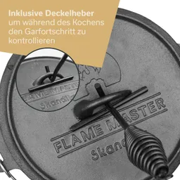 Gusseisen-Topfdeckel mit Deckelheber und eingeprägtem Logo „FLAME MASTER“. Blende oben in goldfarben.