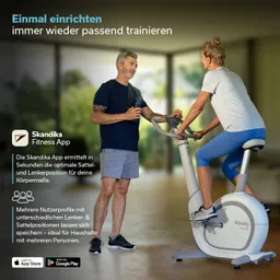 Smartphone in der Hand zeigt eine Fitness-App zur Einstellung von Sitz- und Lenkerhöhe. Rechts ein Display mit Trainingsdaten.