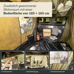 Innensicht eines Campingraums, ausgestattet mit einem Tisch, Koffer und Taschen. Zwei Moskitonetze und Schuhnetz sichtbar.