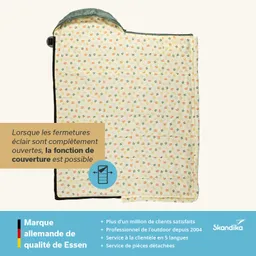 Schlafsack mit buntem, gemustertem Innenfutter und zwei offenen Reißverschlüssen. Text und Logo unten.
