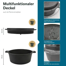 Multifunktionaler, runder Deckel aus Gusseisen, mit Messskalen und Einsätzen für Thermometer. Maße: 4,2 cm hoch und 10 cm Durchmesser.