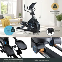 Ellipsentrainer mit integrierten Transportrollen und Abmessungen. Raum mit Sofa, Kissen und Pflanze im Hintergrund.