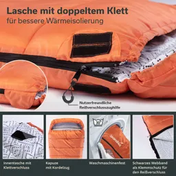 Oranges Schlafsackdesign mit doppeltem Klettverschluss, Innenfutter mit grafischem Muster und Reißverschlusszughilfe.