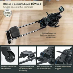 Rudergerät aus Stahl und Aluminium mit ergonomischem Sitz, Anti-Rutsch-Pedalen und einer digital angezeigten Steuerung.