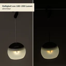 Eine dimmbare LED-Hängelampe mit rundem, mattem Gehäuse, das teils transparent ist. Sie hängt an einem Kabel.