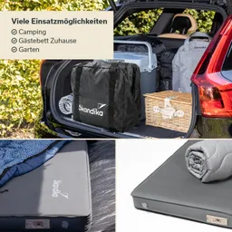 Ein Kofferraum eines Autos mit variierenden Taschen, Kühlbox und einem Korb. Darunter eine Matratze und gerollte Decke.