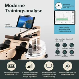 Rudergerät mit Tablet-Halterung, Wasserbehälter, Bedienanschlägen und Anzeige für Trainingsdaten. Elemente in neutralem Design.