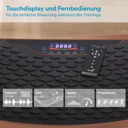 Touchdisplay und Fernbedienung auf einem Fitnessgerät. Anzeigen für Kalorien, Zeit, Geschwindigkeit und Programme sichtbar.