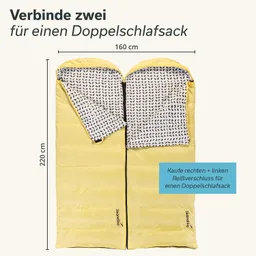 Zwei gelbe Schlafsäcke mit Innenseite in Muster, die zu einem Doppelschlafsack verbunden werden können. Maße: 160 cm x 220 cm.