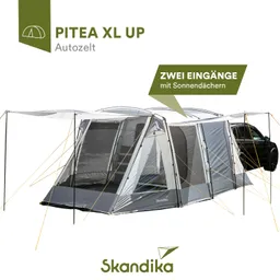 Autozelt PITEA XL UP in grau mit zwei Eingängen und Sonnendächern, Verankerungen und Auto daneben. Markenname Skandika.