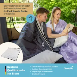 Zwei Personen sitzen in einem Zelt, umgeben von Bäumen. Sie benutzen eine schlafsackähnliche Decke und lesen ein Buch.