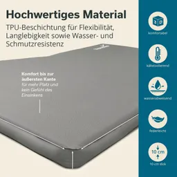 Graue Matratze mit TPU-Beschichtung, Eigenschaften wie Wasser- und Schmutzresistenz, 10 cm dick, schriftliche Informationen daneben.