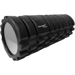 Schwarzer Fitness-Schaumroller mit runder Form und strukturiertem Design. Markenlogo auf einer Seite sichtbar.