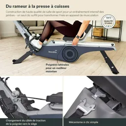 Fitnessgerät in einem hellen Raum, mit Fokus auf ein Rudergerät, Bedienelementen und der Sitzmechanik.