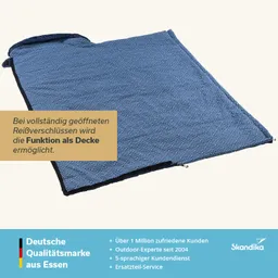Eine blaue Decke mit einem geometrischen Muster liegt flach. Teilweise sichtbare Reißverschlüsse sind zu erkennen.