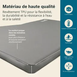 Graue Matratze mit TPU-Beschichtung, 10 cm dick, texturiert, mit Informationen zu Komfort und Eigenschaften.