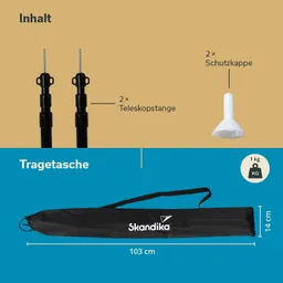 Zwei schwarze Teleskopstangen, zwei weiße Schutzkappen und eine Tragetasche mit dem Logo "Skandika", Maße 103 cm x 14 cm.