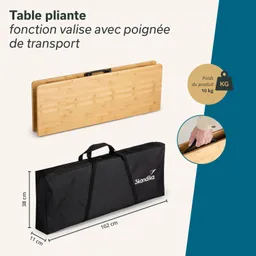 Klappbare Tischplatte aus Bambus, zusammengeklappt und in einer schwarzen Tragetasche. Maße der Tasche: 102 cm x 38 cm x 11 cm.