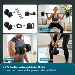 Verschiedene Fitnessgeräte sind abgebildet: eine Langhantel, Kurz- und Kettlebells. Personen nutzen diese Geräte im Innenraum.