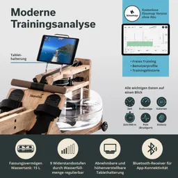 Wasser-Rudergerät aus Holz mit Tablet-Halterung. Anzeige wichtiger Trainingsdaten wie Zeit und Kalorien.