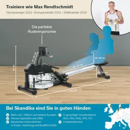 Rudergerät mit Maßen und ergonomischen Angaben auf einem Holzfußboden, begleitet von Informationen zu einem Fitnessunternehmen.