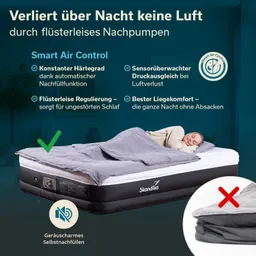 Luftmatratze mit grauem Bettzeug und einer Person, die schläft. Textinformationen zu Funktionen der Matratze.
