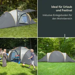 Graues Zelt im Freien auf Rasen, umgeben von Bäumen. Personen spielen mit einem Ball. Textelemente zu Urlaub und Festival.