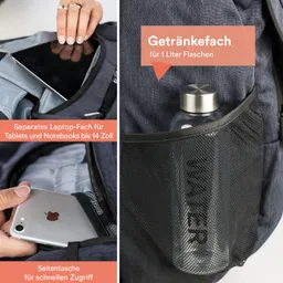 Rucksack mit separatem Laptop-Fach und Seitentasche für schnelle Zugriffe. Wasserflasche in einem Getränke-Fach.