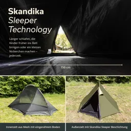 Zelt mit zwei inneren Ansichten: Eine offene Zeltstruktur mit Mesh und Boden sowie ein ästhetisches Außenzelt in Olive.