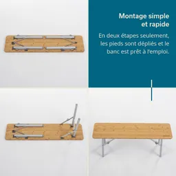 Klappbank aus Holz mit silbernen Metallfüßen, dreigeteilt dargestellt in verschiedenen Montageschritten. Text oben rechts.