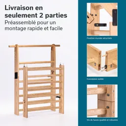 Ein Holzregal mit schlichten vertikalen und horizontalen Latten, zusammengebaut aus zwei Teilen. Neben dem Regal technische Details zur Montage und Sicherheit.