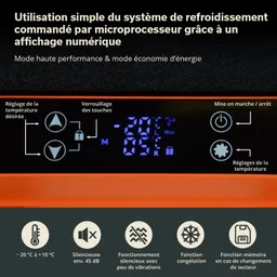 Digitales Bedienfeld eines Kühlsystems mit Temperaturanzeigen, Tasten zur Temperaturregelung und Funktionen.
