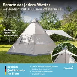 Zelt in Form eines Tipis mit wasserdichter Außenfläche steht auf einer Wiese, umgeben von Bäumen. Sonnenschein im Hintergrund.