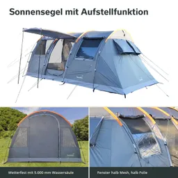 Zelt in Grautönen mit Sonnensegel und transparenten Fenstern, auf einer Wiese. Unterteile zeigen Details.