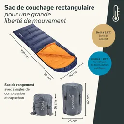 Rechteckiger Schlafsack in Blau mit orangefarbener Innenseite. Maße: 190 cm x 80 cm. Enthält einen kompakten Aufbewahrungssack.