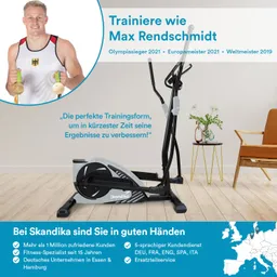 Ein Fitnessgerät (Ellipsentrainer) steht in einem modernen Raum. Links ist eine Person mit Medaillen im Sportanzug. Text beschreibt Training und Angebote.