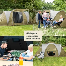 Zelt in der Natur, umgeben von Bäumen. Zwei Ausschnitte zeigen Personen beim Entspannen, Essen und Lesen.