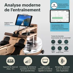 Wassertretgerät mit Holzrahmen, Tablet-Halterung und transparentem Wassertank. Informationen und Funktionen sind abgebildet.
