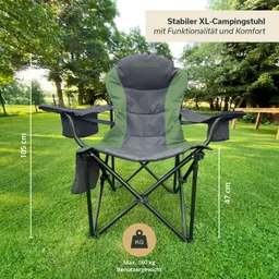 XL-Campingstuhl in Grau und Grün auf einer Wiese, mit Maßangaben und maximaler Benutzergewichtskapazität von 160 kg.