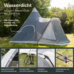Zelt in grauer Farbe mit spitzem Dach, umgeben von grünem Gras und Bäumen. Detailansichten von Reisverschlüssen und Gestängen.