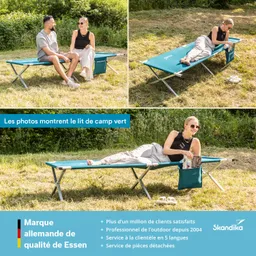 Grüne Liege im Freien. Eine Person sitzt mit einer anderen und lacht, während die zweite Person entspannt auf der Liege liegt und ein Buch liest. Im Hintergrund Bäume und Gras.