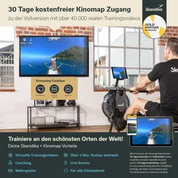Ein Fitnessgerät steht in einem Raum mit roten Ziegelwänden. Auf einem Fernseher wird ein Bootsfahr-Training angezeigt. Daneben sind mobile Geräte und Informationen zu Streaming-Funktionen sowie Vorteilen des Kinomaps-Programms zu sehen.