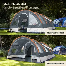 Zelt mit versetzbarer Frontwand in zwei Ansichten: Außenansicht und Innenansicht. Entspannte Campingatmosphäre im Grünen.