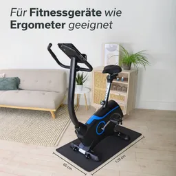 Fitnessgerät in Form eines Ergometers auf einer Matte, mit Sofa, Pflanzen und einem Regal im Hintergrund.
