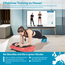 Person trägt Sportbekleidung und macht eine Plank-Übung auf einem Trainingsgerät. Im Hintergrund ein Fernseher mit Trainingsanleitung.