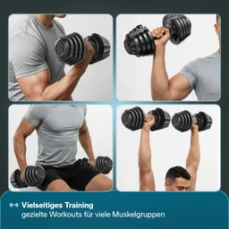 Verschiedene Übungen mit Kurzhanteln: Oberkörper- und Armtraining, jeweils mit unterschiedlichen Positionen und Haltungen.
