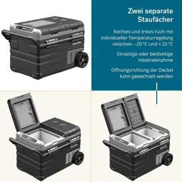 Kühlbox mit zwei separaten Staufächern, regulierbarer Temperatur, Rollen und Deckeln, die sich anpassen lassen.